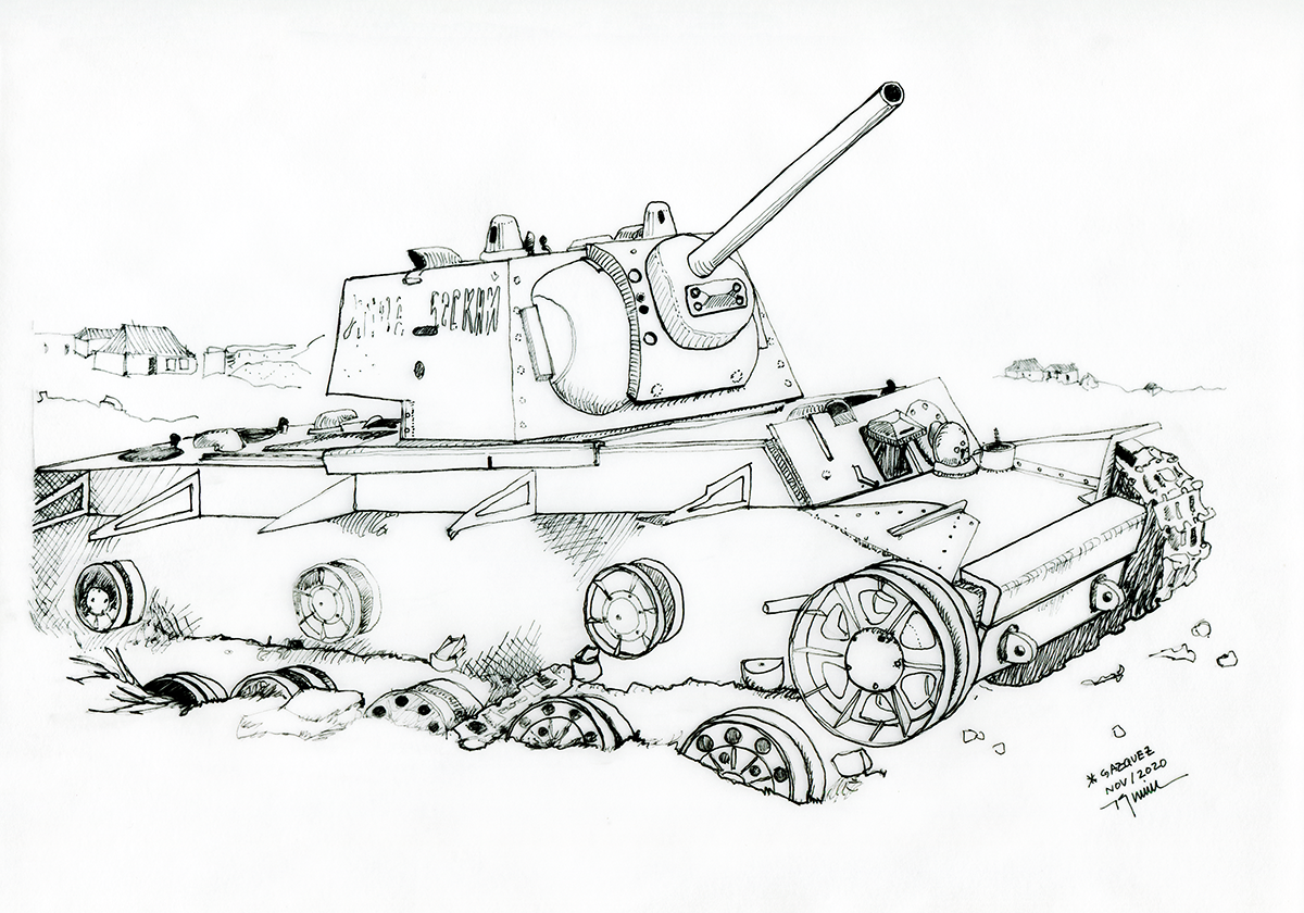 Line Drawing: Destroyed Soviet KV-1 tank