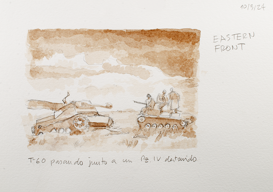 Sketch: T-60 passing by a destroyed PzIV