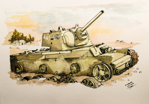 Watercolor: Destroyed Soviet KV-1 tank