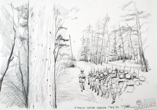 Drawn: Soldiers advancing through a forest